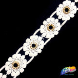 2" Embroidered Flower Trim with Gold Rhinestone Ring, EMB-055