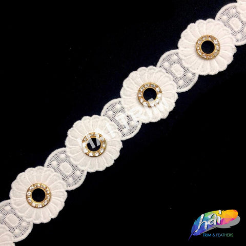 1 1/2" Flower Embroidered Trim with Gold Rhinestone Ring, EMB-056