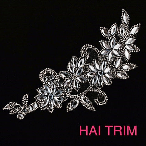 Black Diamond Flower Crystal Rhinestone Iron on Applique, IRA-047