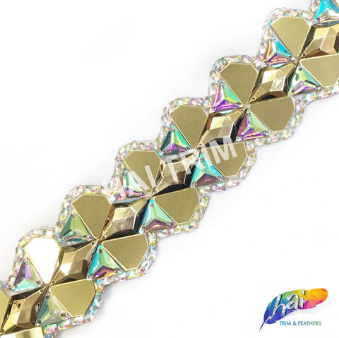 2 1/8" Gold/Crystal AB Resin Iridescent Diamond Mirror Iron on Trim, IRT-073