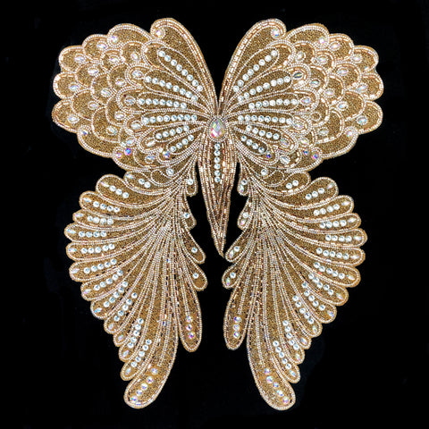 Gold Wing Gel-Back Rhinestone Bodice Applique, IRA-106