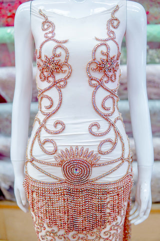 Rhinestone Flower Bodice Applique with Rhinestone Cupchain Fringe, RCN-002