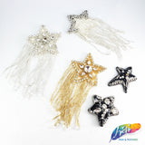 Silver Star Rhinestone Beaded Applique w/ Beaded Fringe, BA-018