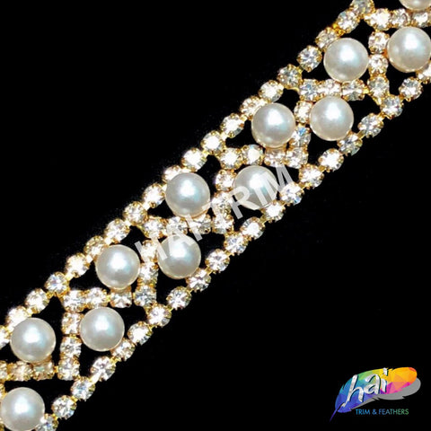 5/8" Pearl Crystal Rhinestone Trim with Rhinestone Border, PRL-06