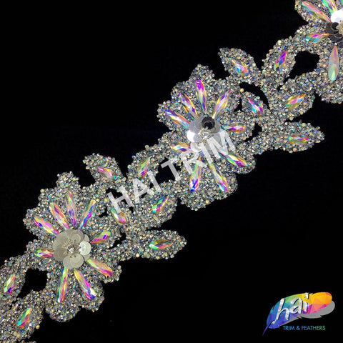 4” Silver AB Sequins Flower Rhinestone Iron on Trim, IRT-108