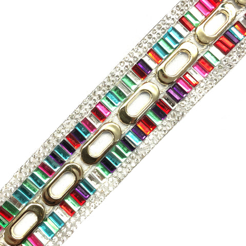 SALE! 1 1/4” Multicolor Baguette Rhinestone Plastic Iron on Trim, IRT-027