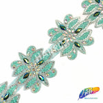 6” Tiffany Blue/Jet AB Rhinestone Flower Iron on Trim by the piece (1 yard), IRT-128