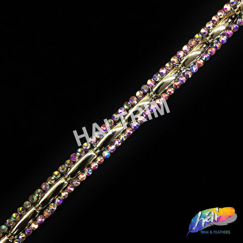 SALE! 1/2” 3-row Gold/Crystal AB Plastic Rhinestone Iron Trim, IRT-079