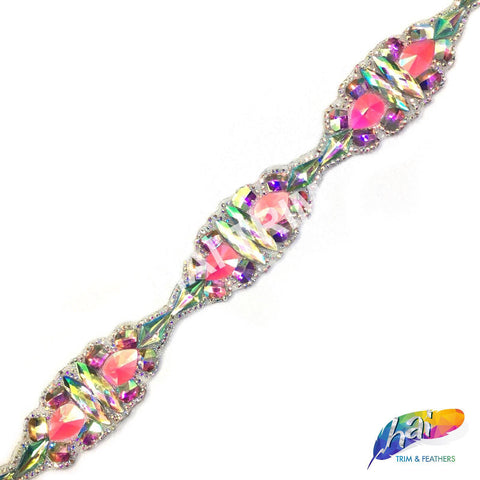 1 3/8” Pink AB/Aqua AB/Crystal AB Resin Stone Clustered Medallion Iron on Trim, IRT-093
