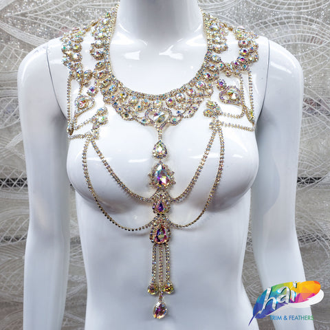 Gold AB Rhinestone Couture Necklace, XY168