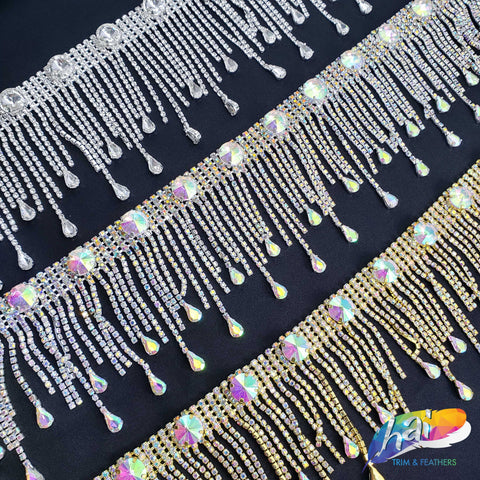 3" Dangling Rhinestone Cupchain Fringe with Round and Teardrop Stones, RF-046