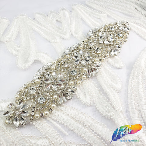Silver Crystal Pearl Beaded Rhinestone Motif Applique, PRA-004