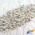 Silver Crystal Pearl Beaded Rhinestone Motif Applique, PRA-005