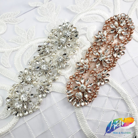 Pearl Beaded Rhinestone Motif Applique, PRA-001