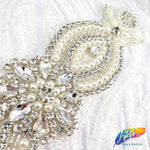 Silver Crystal Pearl Beaded Rhinestone Motif Applique, PRA-006