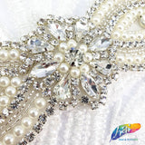 Silver Crystal Pearl Beaded Rhinestone Motif Applique, PRA-006