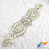 Silver Crystal Pearl Beaded Rhinestone Motif Applique, PRA-006