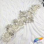 Silver Crystal Pearl Beaded Rhinestone Motif Applique, PRA-007