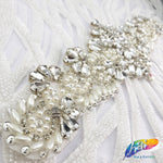 Silver Crystal Pearl Beaded Rhinestone Motif Applique, PRA-007