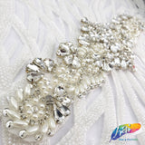Silver Crystal Pearl Beaded Rhinestone Motif Applique, PRA-007