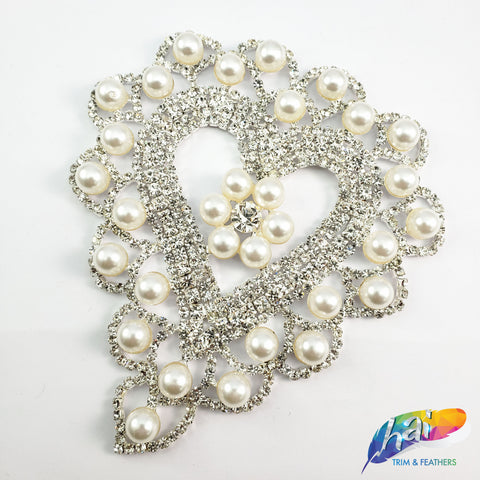 Silver Crystal Heart-Shape Pearl Rhinestone Applique on Metal Setting, YH-027
