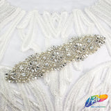 Silver Crystal Pearl Beaded Rhinestone Motif Applique, PRA-004