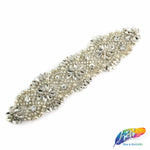 Silver Crystal Pearl Beaded Rhinestone Motif Applique, PRA-004