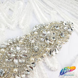 Silver Crystal Pearl Beaded Rhinestone Motif Applique, PRA-004