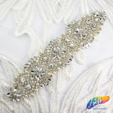Silver Crystal Pearl Beaded Rhinestone Motif Applique, PRA-004