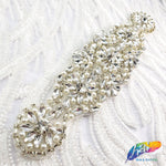 Silver Crystal Pearl Beaded Rhinestone Motif Applique, PRA-005