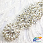 Silver Crystal Pearl Beaded Rhinestone Motif Applique, PRA-005