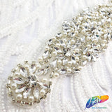Silver Crystal Pearl Beaded Rhinestone Motif Applique, PRA-005