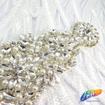 Silver Crystal Pearl Beaded Rhinestone Motif Applique, PRA-005