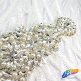 Silver Crystal Pearl Beaded Rhinestone Motif Applique, PRA-005