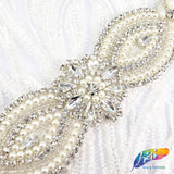 Silver Crystal Pearl Beaded Rhinestone Motif Applique, PRA-006