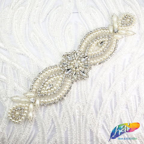 Silver Crystal Pearl Beaded Rhinestone Motif Applique, PRA-006