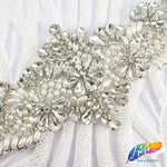 Silver Crystal Pearl Beaded Rhinestone Motif Applique, PRA-007