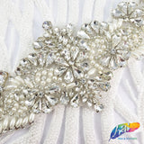 Silver Crystal Pearl Beaded Rhinestone Motif Applique, PRA-007