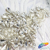 Silver Crystal Pearl Beaded Rhinestone Motif Applique, PRA-007