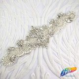 Silver Crystal Pearl Beaded Rhinestone Motif Applique, PRA-007