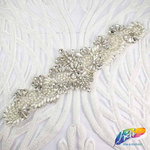Silver Crystal Pearl Beaded Rhinestone Motif Applique, PRA-007