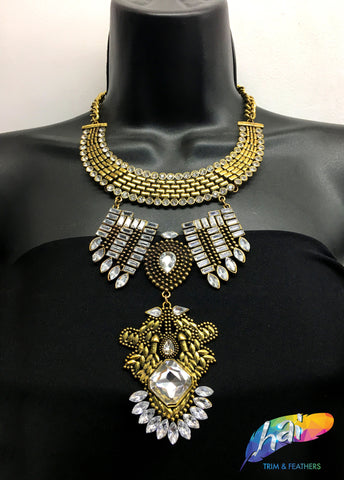 Gold Tribal Necklace with Rhinestones, NEK-056