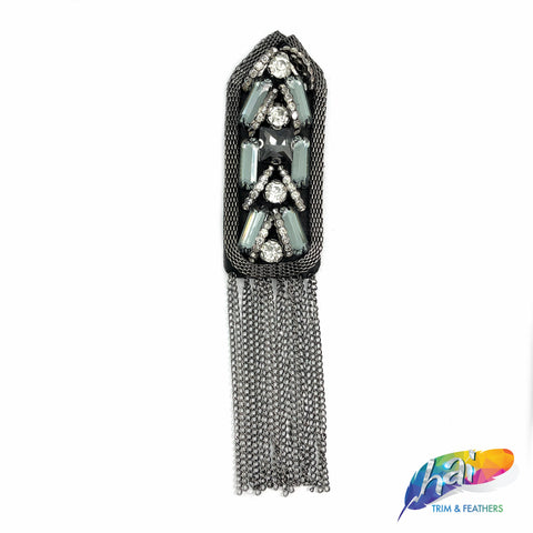 Gunmetal Beaded Rhinestone Epaulet with Dangling Chain Tassels, EP-021 (sold per piece)