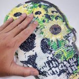 Reversible Green/Yellow Floral Skull Flip Sequins Applique, EMBA-015
