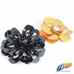 Black Beaded Sequin Flower Patch Applique, BA-070