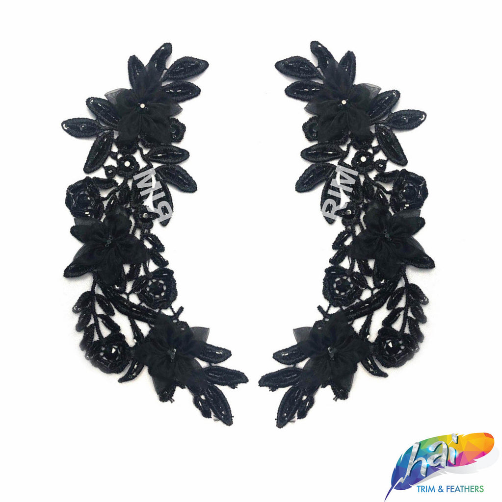 Pair of Black Flower Lace Appliques