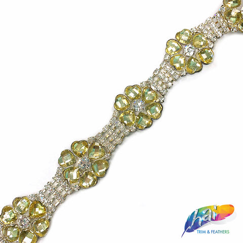 SALE! 1 1/4" Light Yellow/Crystal Flower Rhinestone Trim, RT-138