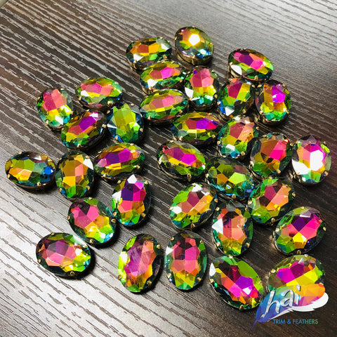 18x25mm Multicolor/Peacock Oval Sew-on Rhinestones w/ Metal Setting (4 pieces)